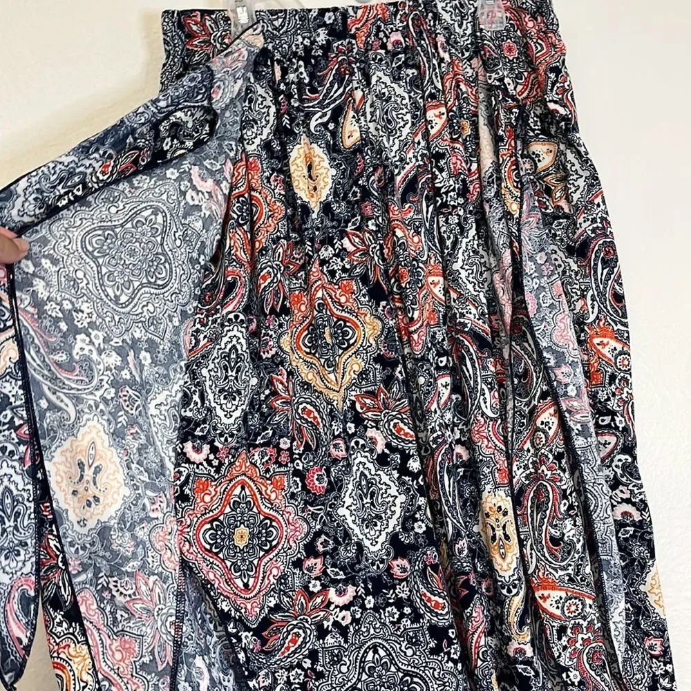 Rue Juju Womans Pettite Large casual Pants boho Beachy Asymmetrical Paisley